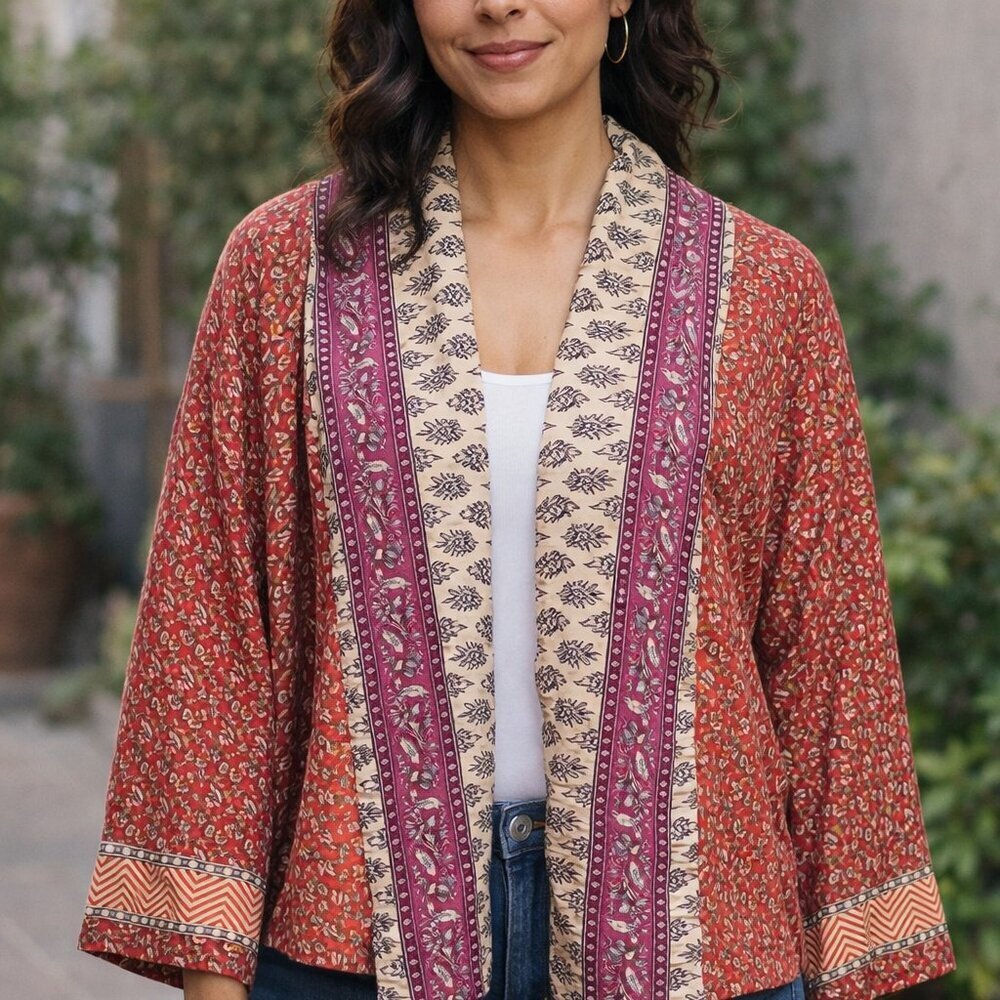 Raga Boho Open Kimono Jacket Red Block Print Lightweight Festival Wrap Sz Medium